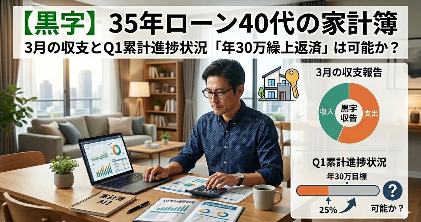 【黒字】35年ローン40代の家計簿|3月の収支とQ1累計進捗状況「年30万繰上返済」は可能か?