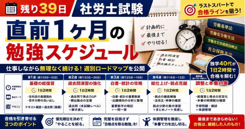 【残り39日】社労士試験「直前1ヶ月の勉強スケジュール」を独学40代が週別に公開｜仕事しながら1日2時間で合格ラインを狙う