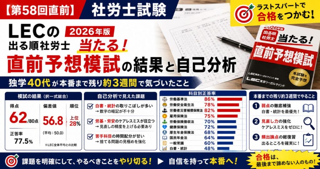 【第58回直前】LECの「2026年版 出る順社労士 当たる！直前予想模試」の結果と自己分析｜独学40代が本番まで残り約3週間で気づいたこと