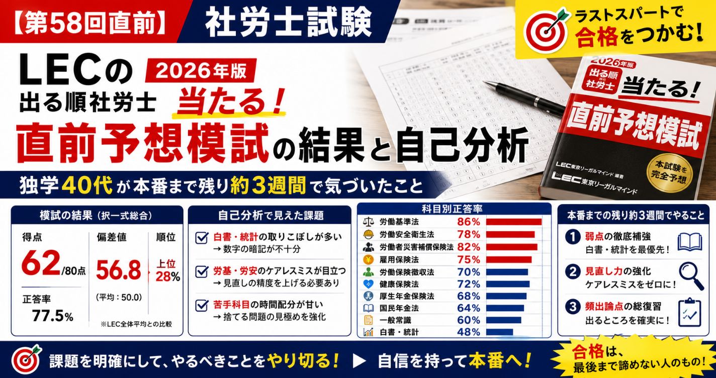 【第58回直前】LECの「2026年版 出る順社労士 当たる!直前予想模試」の結果と自己分析|独学40代が本番まで残り約3週間で気づいたこと