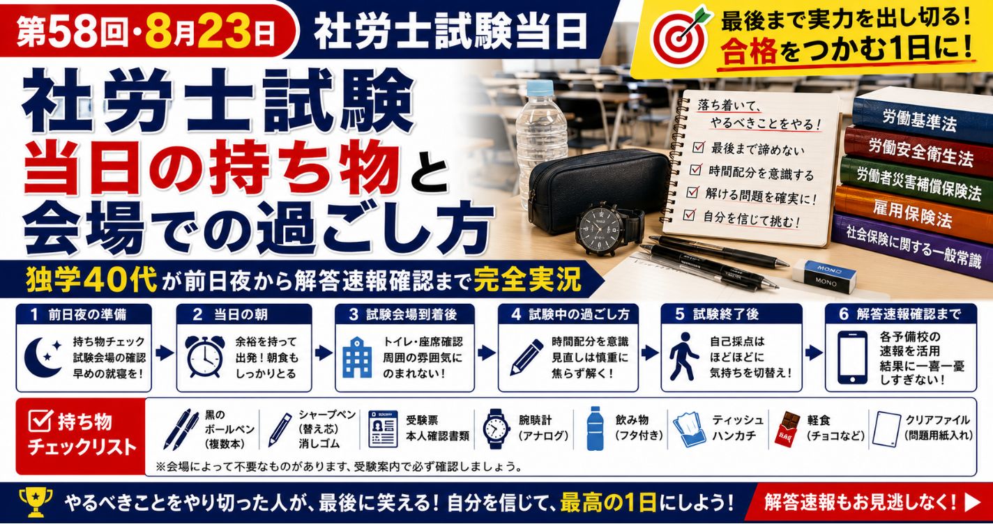 【第58回・8月23日】社労士試験当日の持ち物と会場での過ごし方|独学40代が前日夜から解答速報確認まで完全実況
