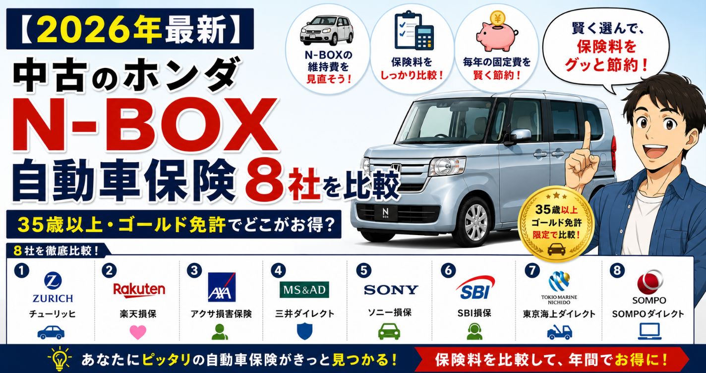 【2026年最新】中古のホンダN-BOX、自動車保険8社を比較|35歳以上・ゴールド免許でどこがお得?