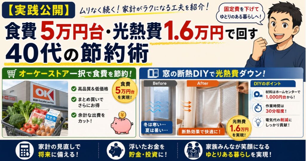 【実践公開】食費5万円台・光熱費1.6万円で回す40代の節約術｜オーケーストア一択と窓の断熱DIY