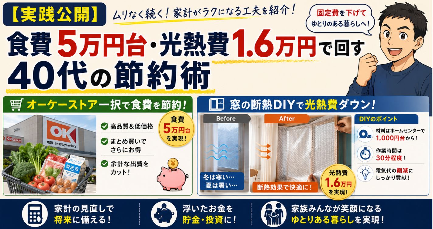 【実践公開】食費5万円台・光熱費1.6万円で回す40代の節約術|オーケーストア一択と窓の断熱DIY