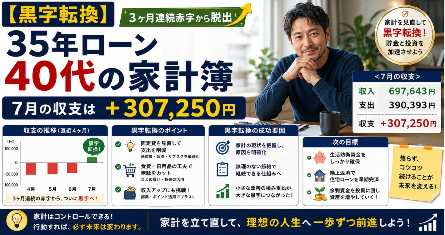 【黒字転換】35年ローン40代の家計簿|7月の収支は+307,250円、3ヶ月連続赤字から脱出