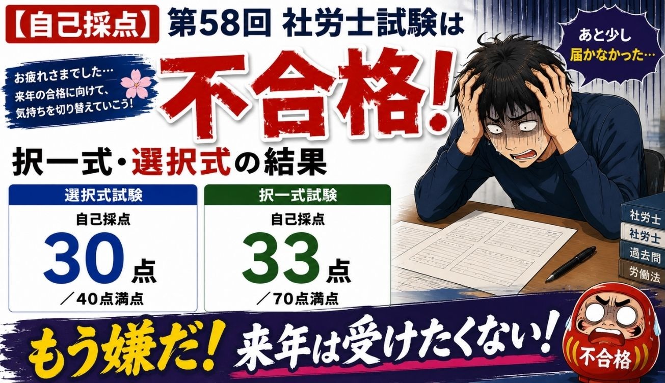 【自己採点】第58回社労士試験は不合格!|択一式・選択式の結果