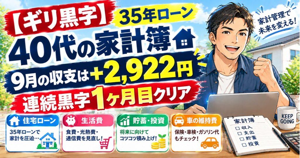【ギリ黒字】35年ローン40代の家計簿｜9月の収支は+2,922円、連続黒字1ヶ月目クリア